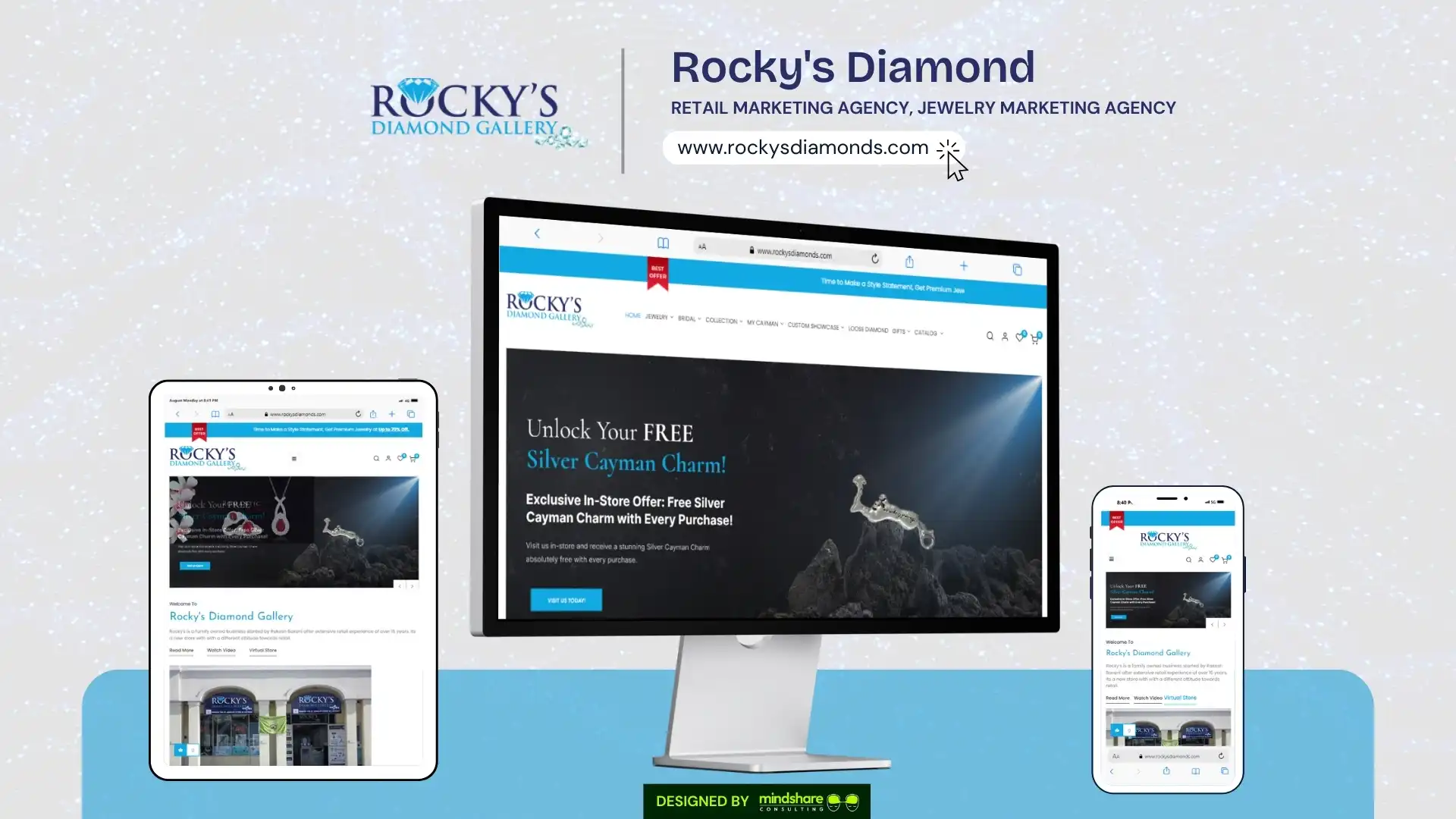 Rocky's Diamond jewelry retailer website development by Mindshare Consulting Inc
